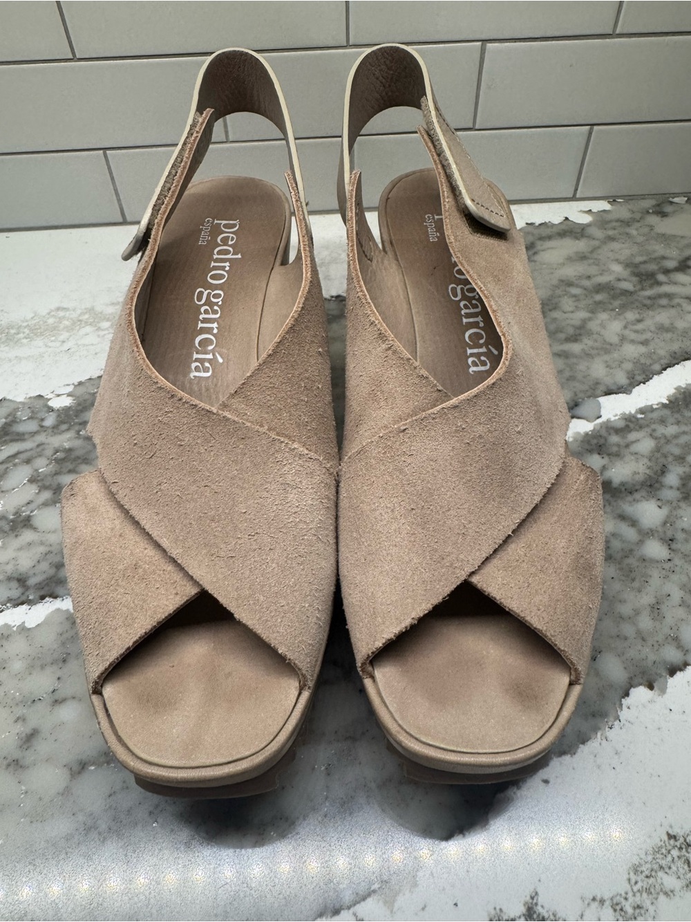Pedro Garcia Taupe Suede Crisscross Slingback Sandals